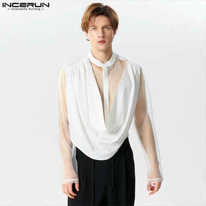 INCERUN Tops 2024 American Style New Mens Front Swing Collar Patchwork Mesh Shirts Casual Sexy Solid Medium Sleeved Blouse S-3XL