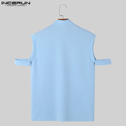 INCERUN Tops 2024 Korean Style Men Stand Collar Cuffs Design T-shirt Casual Streetwear Solid Simple Short Sleeved Camiseta S-5XL