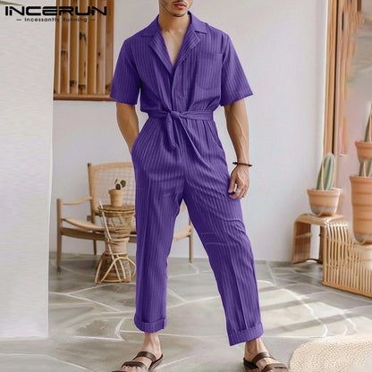 INCERUN 2024 American Style Stylish Men Suit Collar Design Rompers Summer Leisure Solid Striped Tie Short Sleeved Jumpsuit S-5XL