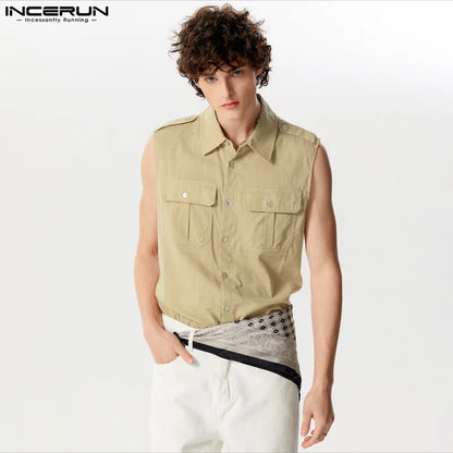 Handsome New Mens Tops INCERUN 2024 Double Bag Design Loose Shirts Casual Streetwear Male Hot Sale Sleeveless Solid Blouse S-5XL