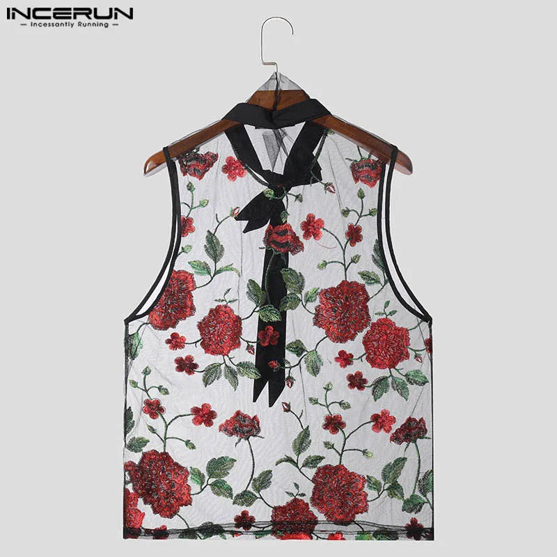 INCERUN Tops 2024 American Style Sexy Men's Ribbon Design Vests Fashion Casual Thin Embroidered Rose Sleeveless Tank Tops S-5XL