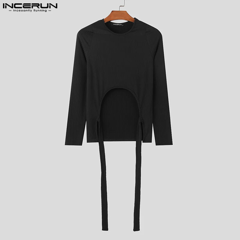 INCERUN Tops 2024 American Style Sexy Men's Knitted Short Strap Design Camiseta Casual Clubwear Male Long Sleeved T-shirts S-5XL