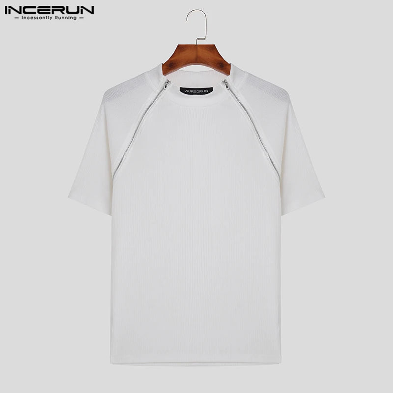 2023 Men T Shirt Solid Color O-neck Short Sleeve Men Clothing Streetwear Zipper Fitness Knitted Casual Tee Tops S-5XL INCERUN