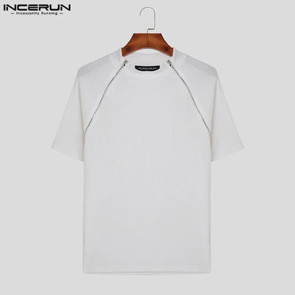 2023 Hommes T-shirt Couleur Unie O-cou Manches Courtes Hommes Vêtements Streetwear Fermeture Éclair Fitness Tricoté Décontracté T-shirt Hauts S-5XL INCERUN