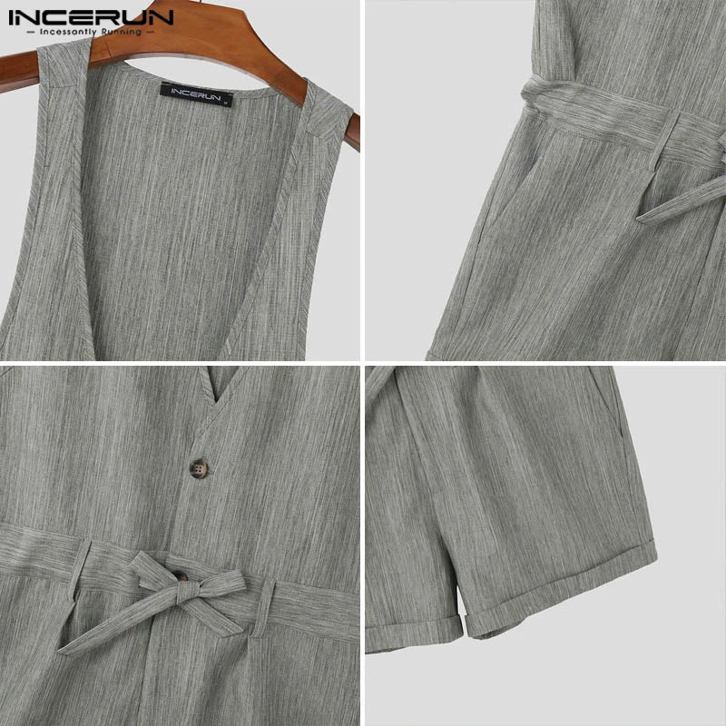 INCERUN 2024 Strampler im amerikanischen Stil Sexy Neue Männer Zweifarbige tiefe V-ärmellose Overalls Casual Clubwear Männliche feste Bodys S-5XL