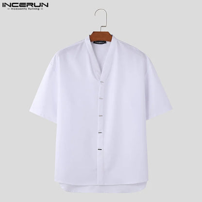 Fashion Well Fitting Tops INCERUN Men's Well Fitting V-neck Design Shirt Casual Streetwear Solid Short Sleeved Blouse S-5XL 2024