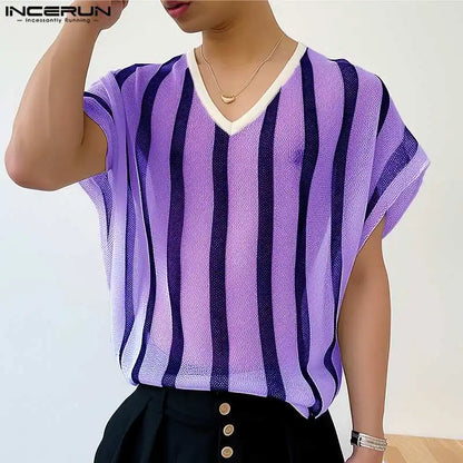 INCERUN Tops 2024 Korean Style Fashion Men's Large Stripe T-shirts Casual Street Personality V-neck Short Sleeved Camiseta S-5XL