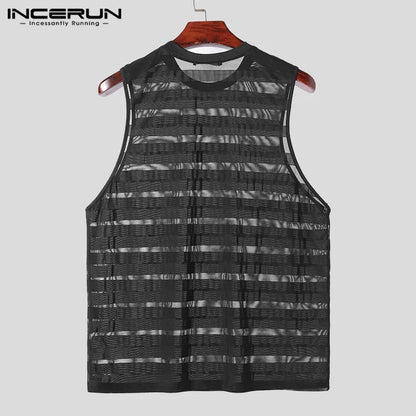 INCERUN Tops 2024 American Style Sexy New Men Horizontal Striped Mesh Perspective Vests Fashion Party Sleeveless Tank Tops S-2XL