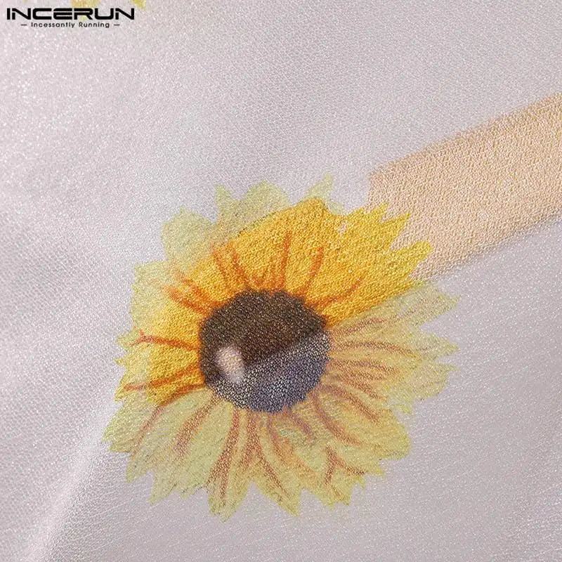 Casual Stylish Style Tops INCERUN Men's Dense Mesh Perspective Sunflower Printed Shirts Summer Street Short Sleeved Blouse S-5XL