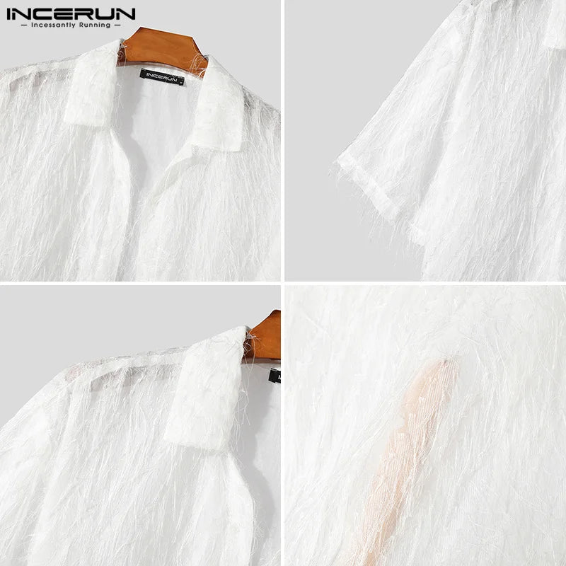 INCERUN Tops 2024 Chemises de perspective en mousseline de soie à pompons de style américain pour hommes Chemises décontractées à manches courtes pour vacances d'été à revers S-5XL