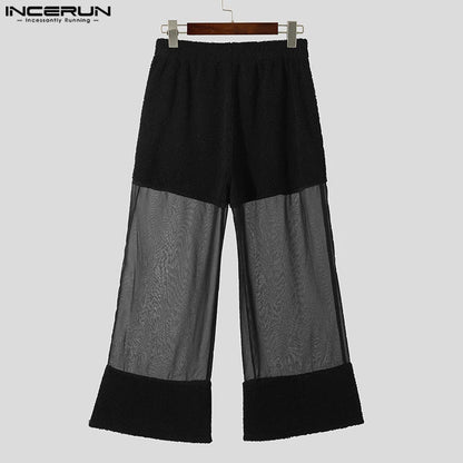 INCERUN 2024 American Style Trousers Men's Solid Mesh Splicing Suede Design Long Pants Sexy Stylish See-through Pantalons S-5XL