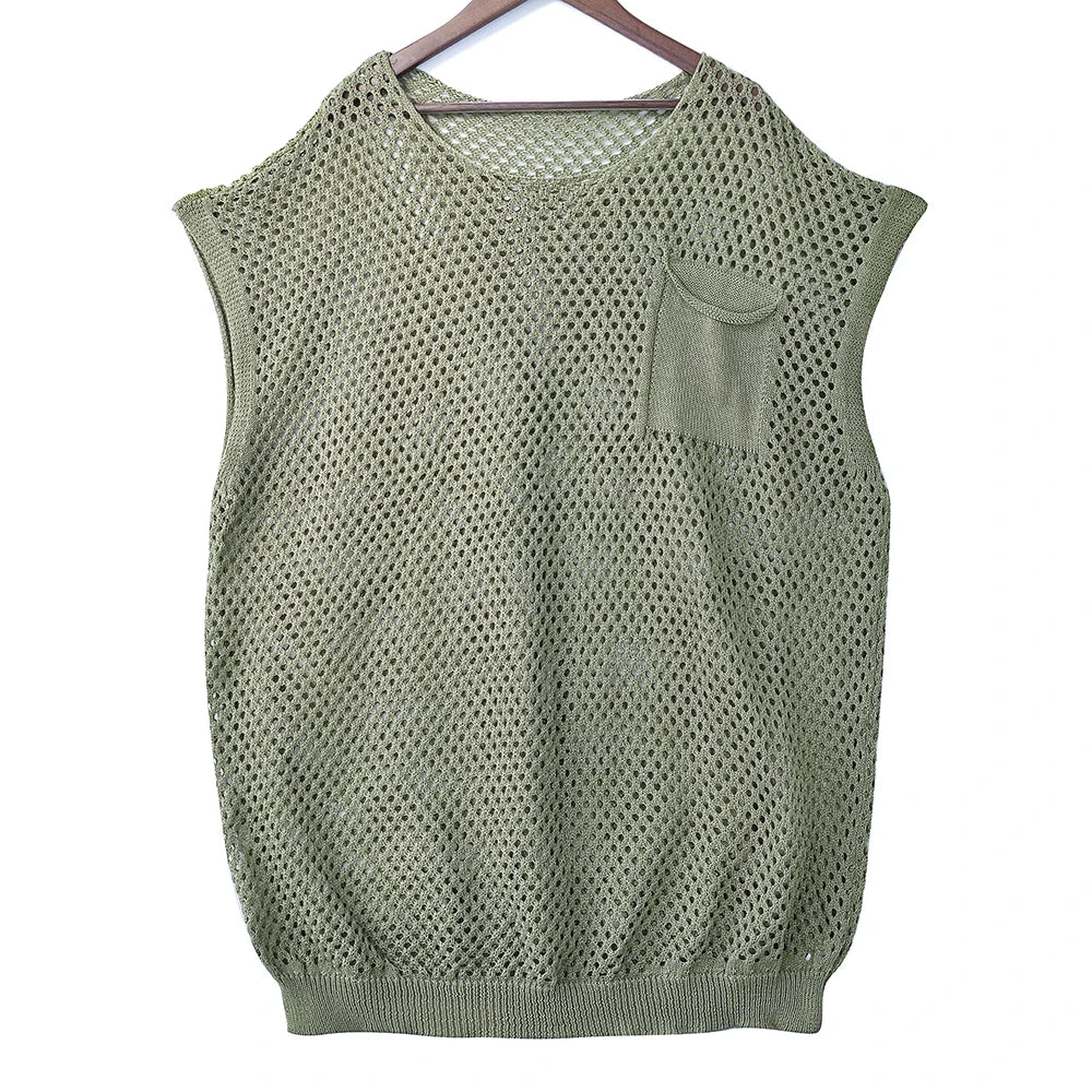 HOUZHOU Green Knit Mesh Vest Men Transparent Sexy Men's Tank Tops Red See Through Men's Clothing Sleeveless Tee Streetwear