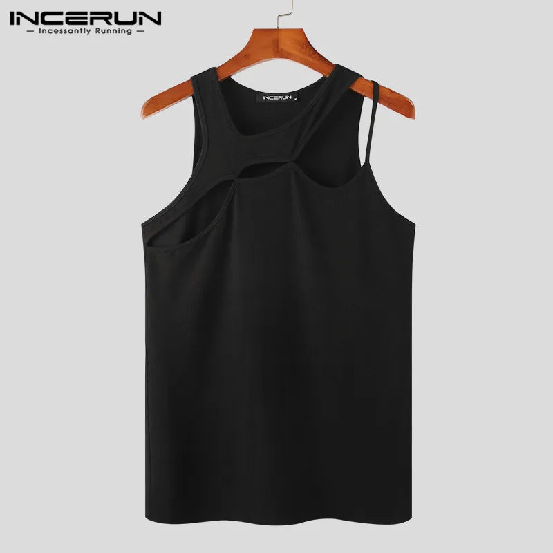 INCERUN 2023 Männer Tank Tops Ärmellose Aushöhlen Sexy Stilvolle Solide Westen Dünne Dünne Tops Streetwear Sommer Männer Kleidung 5XL 7