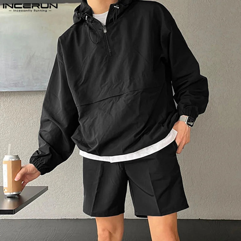 Fashion Casual Mens Sets INCERUN 2024 Hooded Sweatshirt Shorts Streetwear Male Hot Selling Hooded Sweatshirt Suit 2 Pieces S-5XL