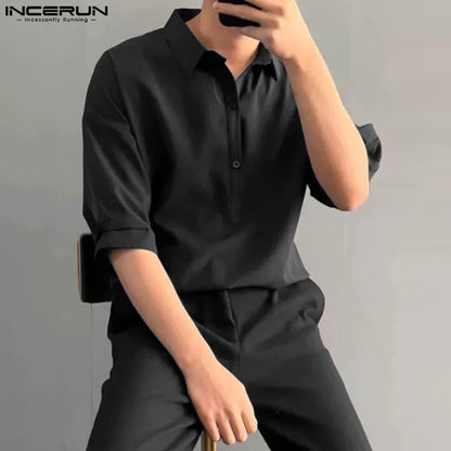 Casual Simple Style Tops INCERUN Handsome Men's All-match Shirts Fashion Well Fitting Male Lapel Short-sleeved Blouse S-5XL 2024