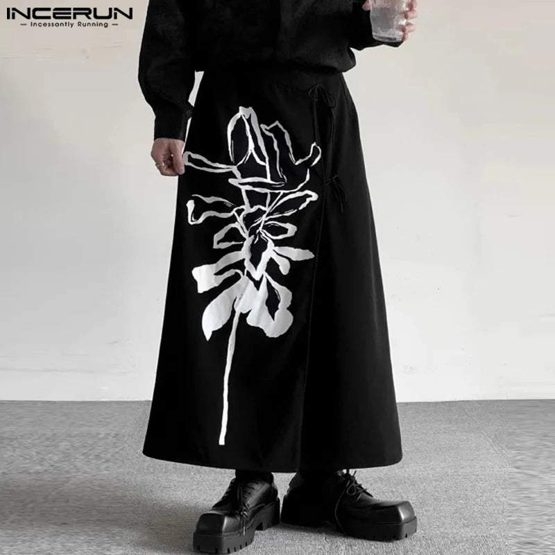 INCERUN 2024 Chinese Style Men's Personality Trousers Wrap Style Print Pantalons Casual Fashionable Male Half Skirts Pants S-5XL