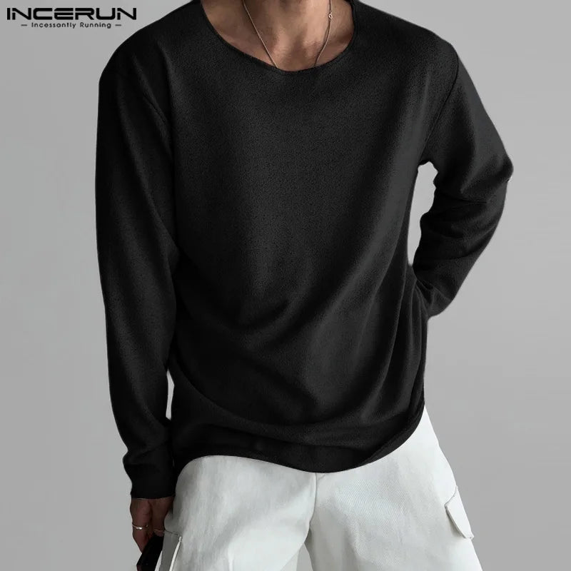 INCERUN Tops 2024 Korean Style Men's Loose Textured O-neck Design T-shirt Summer Casual Simple Solid Long Sleeved Camiseta S-5XL