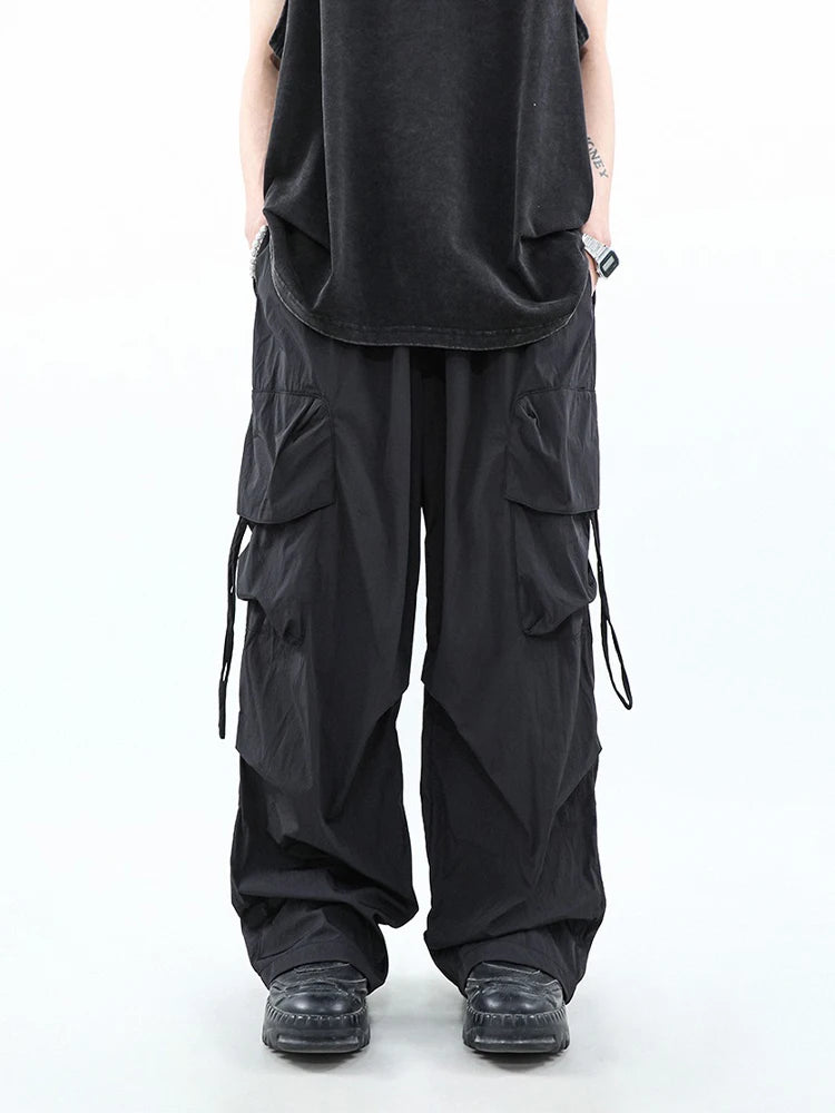 HOUZHOU Korean Parachute Cargo Pants Men Hip Hop Wide Leg Cargo Trousers Male Streetwear Loose Casual Men Clothing Safari Style