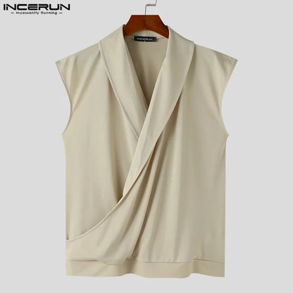 INCERUN Tops 2024 American Style Fashion Men's Diagonal Access Design Vests Male Summer Street Solid Sleeveless Tank Tops S-5XL