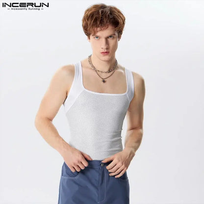 INCERUN Tops 2024 Handsome New Men's Hollowed Out Tight Knit Vests Leisure Streetwear Male Solid Color All-match Tank Tops S-5XL