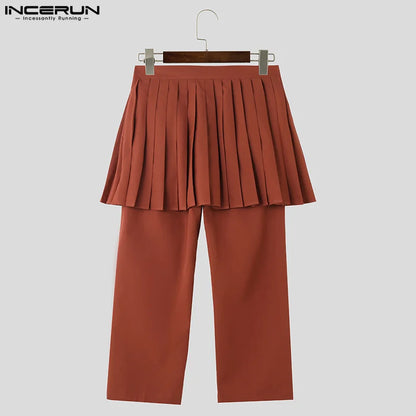 INCERUN 2024 American Style New Men Trousers Pleated Fake Two-piece Solid Skirt Pants Casual Streetwear Hot Sale Pantalons S-5XL