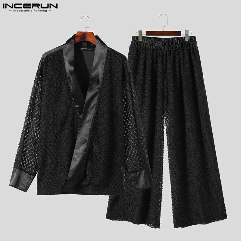 INCERUN 2023 Sexy Fashion Men's Sets Lace Perspective Loose Sleeve Cardigan Wide Leg Pants Casual Hot Sale Two Piece Sets S-5XL