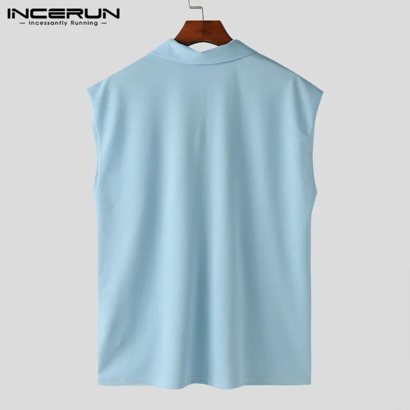 INCERUN Tops 2024 Koreanische Stil Herren Gestrickte Solide Revers Westen Freizeit Streetwear Männlichen Einfache Heißer Verkauf Ärmellose Tank Tops S-5XL