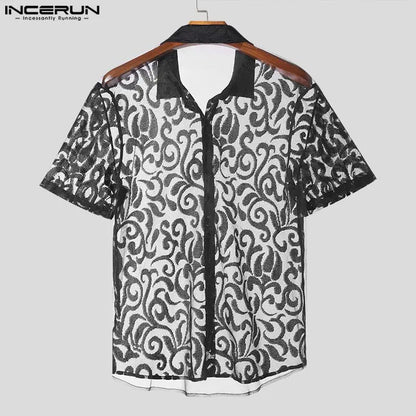 INCERUN Tops 2024 American Style Fashion Men Perspective Lace Fabric Shirts Casual Clubwear Male Thin Short Sleeved Blouse S-5XL