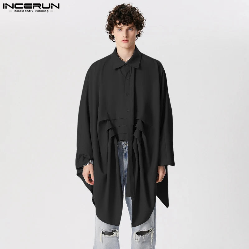 Handsome Well Fitting Tops INCERUN Men's Solid Silhouette Bat Sleeve Pleated Shirts Male Solid Loose Long Sleeved Blouse S-5XL