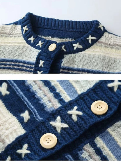 HOUZHOU Vintage Strickjacke Pullover Männer Blau Langarm Gestreiften Pullover Mantel V-ausschnitt Beiläufige Gestrickte Pullover Männlichen Koreanischen Kleidung