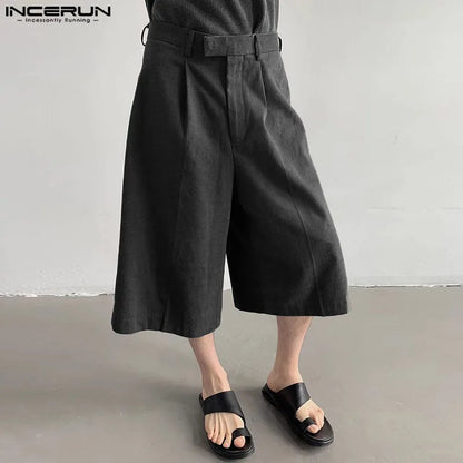 INCERUN 2024 Korean Style Trousers Mens Dual Color Plain Design Pant Casual Solid Simple All-match Loose Cropped Pantalons S-5XL