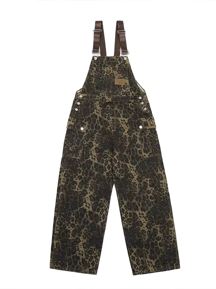 HOUZHOU Cargo-Overall mit Leopardenmuster für Herren, Streetwear, Hip Hop, Punk, lockere Bodysuits, Overalls, männliche Animal-Print-Taschenhose