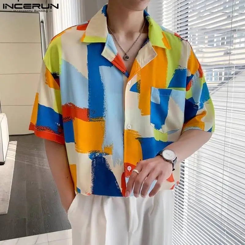 Handsome Well Fitting Tops INCERUN New Men Colorful Square Contrast Printed Shirts Fashion Funny Short Sleeved Blouse S-5XL 2024