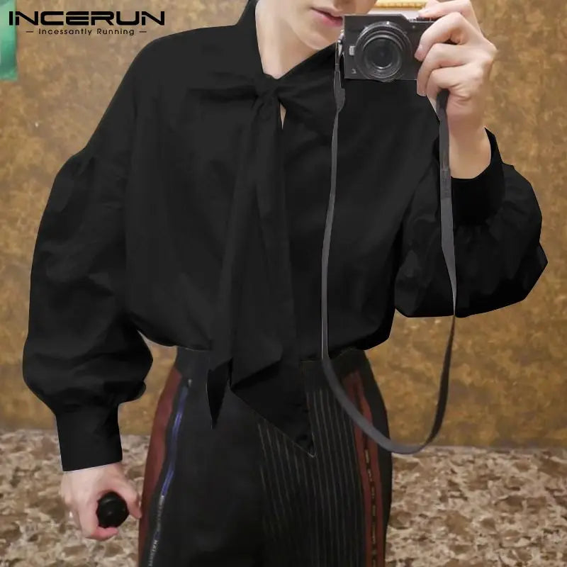 INCERUN Tops 2023 Fashion New Men Loose Long Sleeve Tie Blouse Stylish Solid Hot Sale Comfortable Casual Streetwear Shirts S-5XL