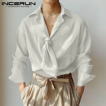 INCERUN Tops 2024 Korean Style Men Casual Simple Texture Tie Design Shirts Autumn Winter Fashion Male Long Sleeved Blouse S-5XL