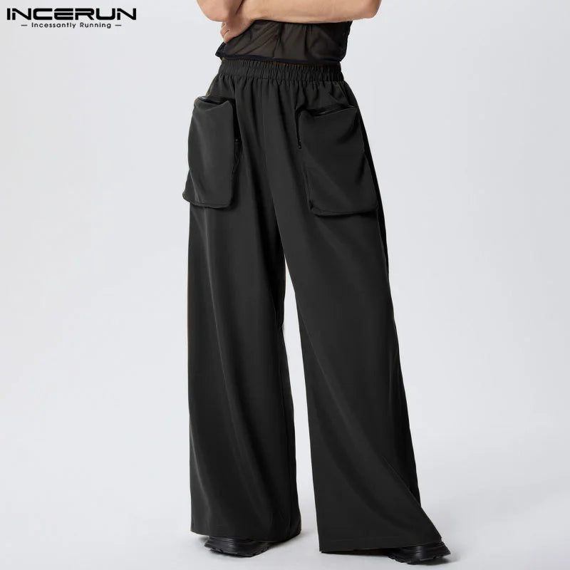 INCERUN 2024 American Style Pantalons Stylish Mens Double Pocket Loose Wide Leg Pant Male Streetwear Casual Solid Trousers S-5XL