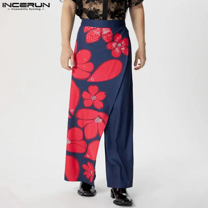 INCERUN 2024 American Style Trousers Stylish Men Fake Two-piece Spliced Floral Print Pants Male Leisure Wide Leg Pantalons S-5XL