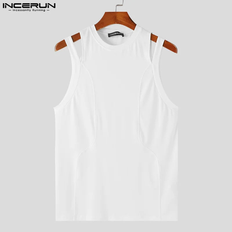 INCERUN Tops 2024 Koreanischen Stil Männer Solide Strick Hohl Design Westen Casual Streetwear Einfache Männliche Ärmellose Tank Tops S-5XL