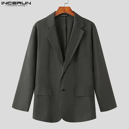 INCERUN 2024 Hommes Blazer Couleur Unie Revers Manches Longues Streetwear Mode Bouton Costumes Décontractés Hommes Élégant Loisirs Mince Manteaux 5XL