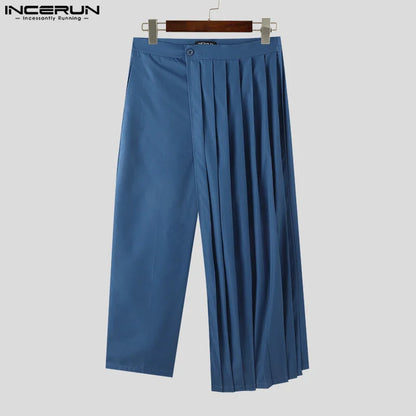 INCERUN 2024 American Style Trousers Stylish New Mens Loose Pleated Long Pant Leisure Streetwear Solid All-match Pantalons S-5XL