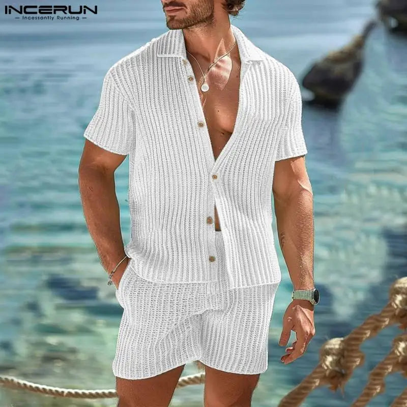 INCERUN 2024 American Style Fashion Sets Men Mesh Vertical Stripe Knitted Short Sleeved Shirts Shorts Summer Two-piece Set S-5XL