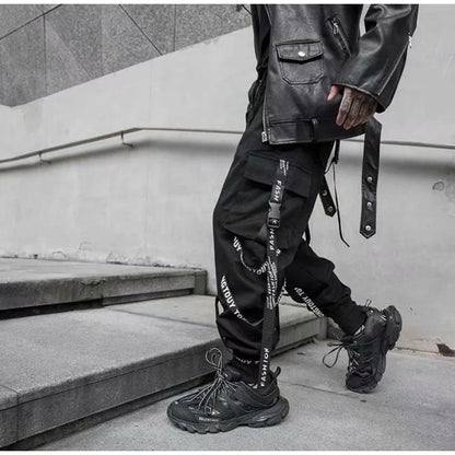 HOUZHOU Techwear Cargo Pants Men Joggers Black Cargo Trousers for Men Jogging Japanese Streetwear Hip Hop Hippie Gothic Ribbon