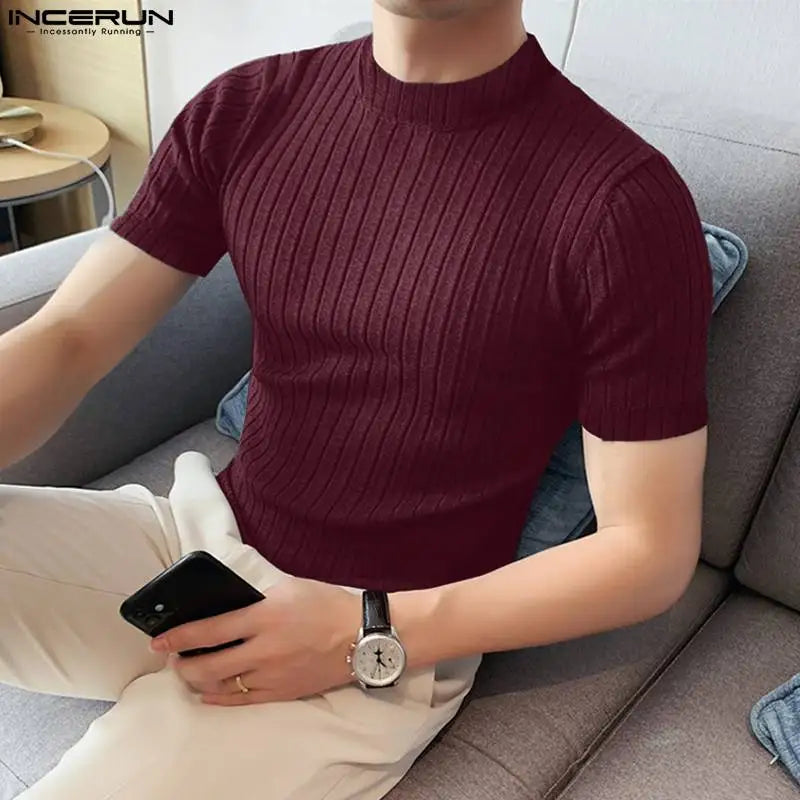 INCERUN Tops 2024 Korean Style New Men's Solid Pit Stripe Knitte T-shirts Fashion Male Solid Elastic Short Sleeve Camiseta S-5XL