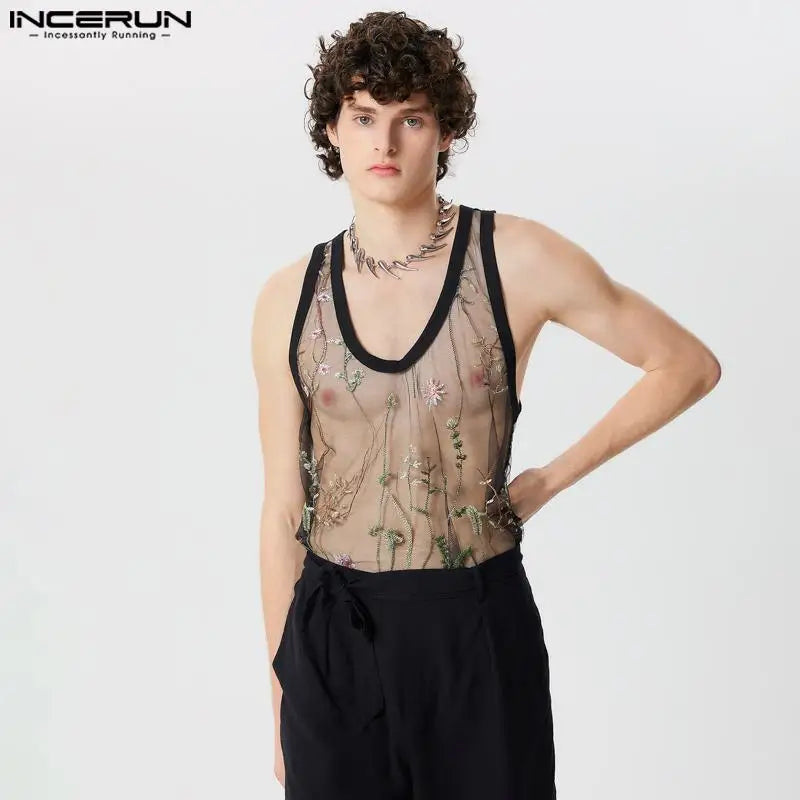 2024 Summer Mens Tank Tops Camisas INCERUN Sexy Mesh Floral Printed Sleeveless Vests Men Clothing Embroidery See-through Blouses