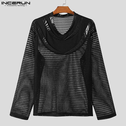 INCERUN Tops 2023 American Style Fashionable Mens Layered Mesh Design T-shirts Casual Solid Long Sleeved Pullover Camiseta S-5XL