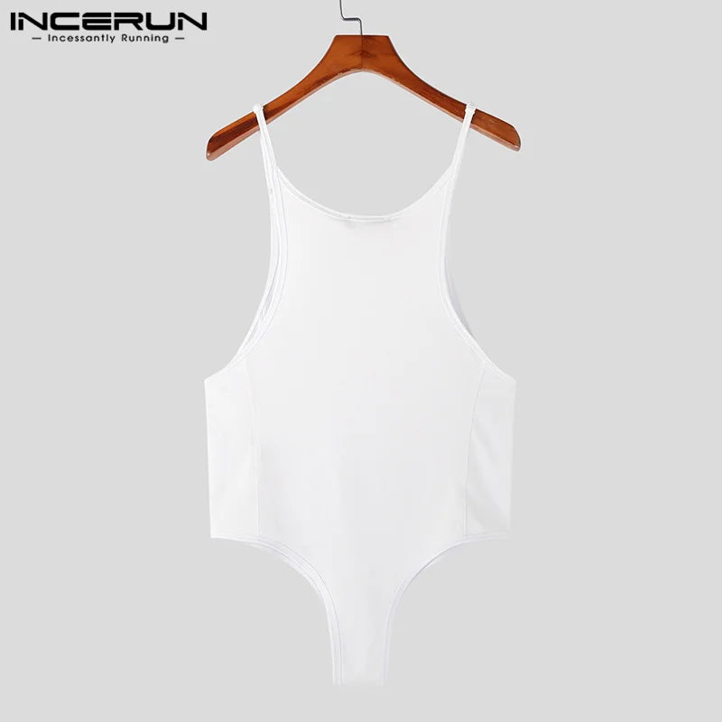 INCERUN Men Bodysuits Solid Color O-neck Sleeveless Skinny Sexy Streetwear Pajamas Rompers 2023 Casual Tank Tops Bodysuit S-5XL