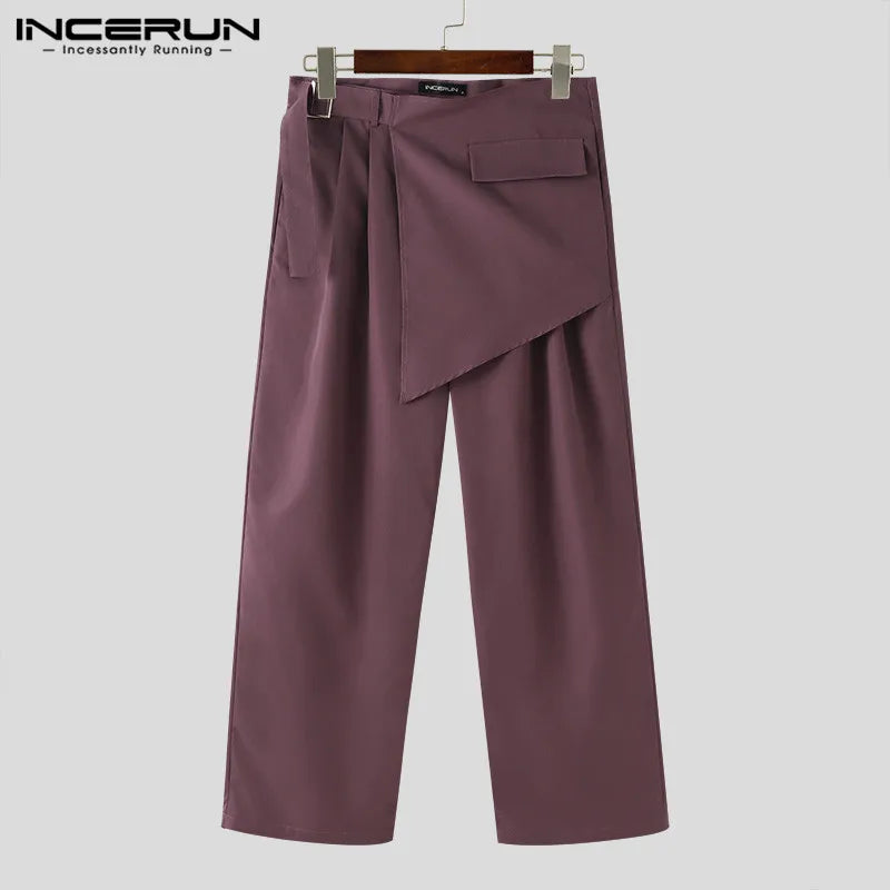 INCERUN 2024 Korean Style Pantalons Mens Stylish Solid Irregular Design Trousers Leisure Streetwear Hot Selling Long Pants S-5XL