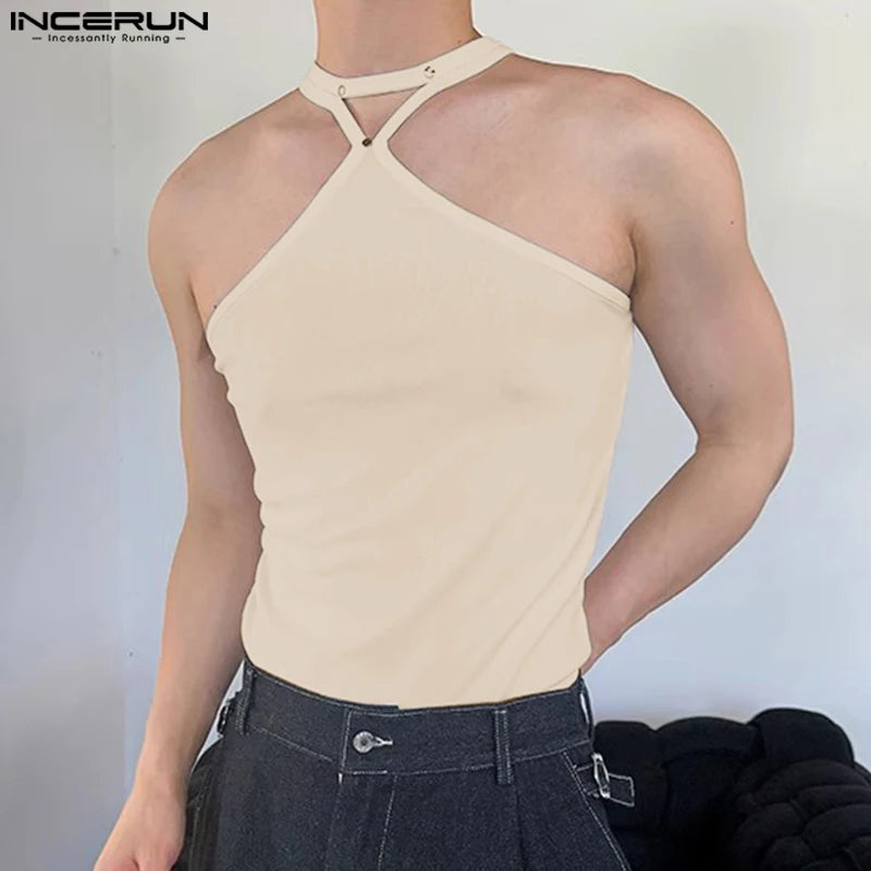 INCERUN Tops 2024 Summer Fashionable Men's Elastic Tight Hanging Neck Tank Tops Male Casual Solid Knitted Sleeveless Vests S-5XL