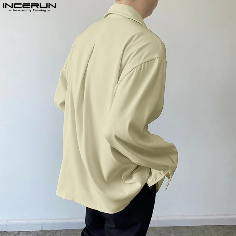 2023 männer Hemd Einfarbig Revers Langarm Lace Up Männer Kleidung Koreanische Streetwear Fashion Lose Casual Shirts S-5XL INCERUN