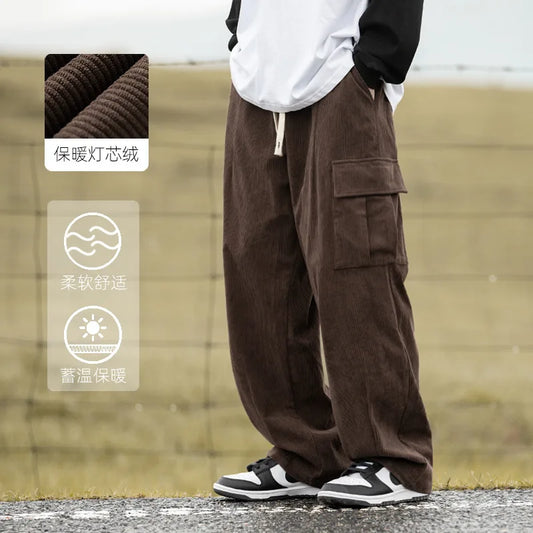 HOUZHOU Corduroy Cargo Pants Men Streetwear Black Cargo Trousers Male Hip Hop Harajuku Brown Loose Japanese Vintage Korean